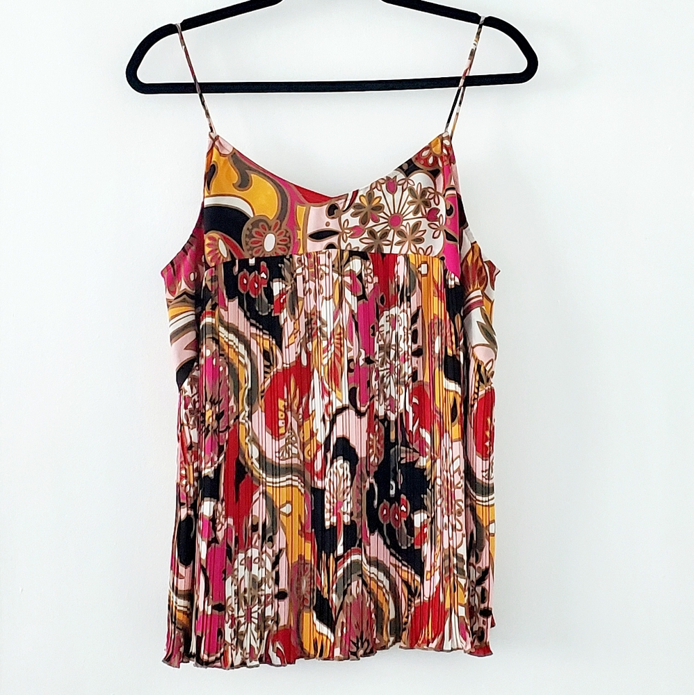 Inc International Cami w pleats Sz L Adjustable Spaghetti Strap mustard / pink